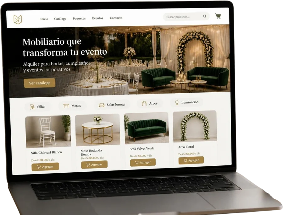Tienda en línea de alquiler de mobiliario para eventos en laptop