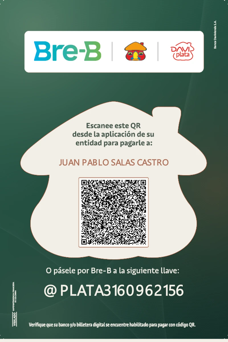 Código QR y llave Bre-B para pagarle a Juan Pablo Salas Castro